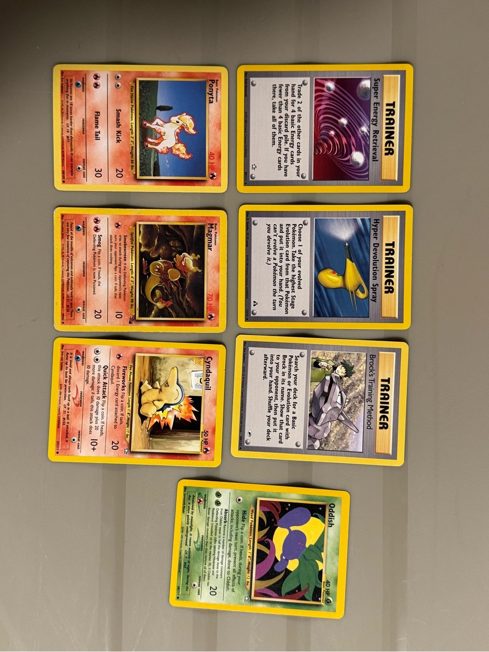 A collection of early Pokémon TCG cards from the 1990s and early 2000s. Set of 7
